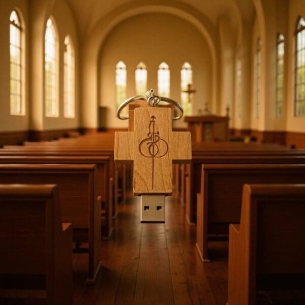 AUTO-DRAFT wooden cross USB drive hanging in church interior with pews.