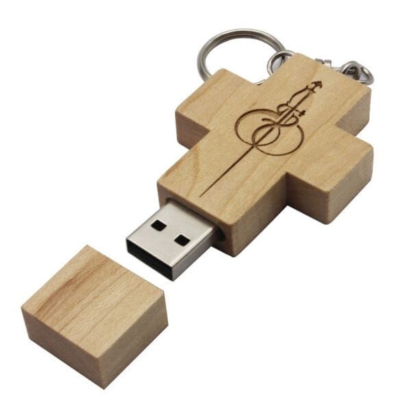Wooden cross USB drive with musical symbol, Christian faith tech accessory