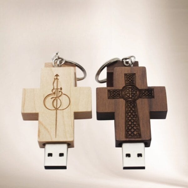 AUTO-DRAFT wooden cross USB drives: light wood cross with engraving, dark wood Celtic cross design.