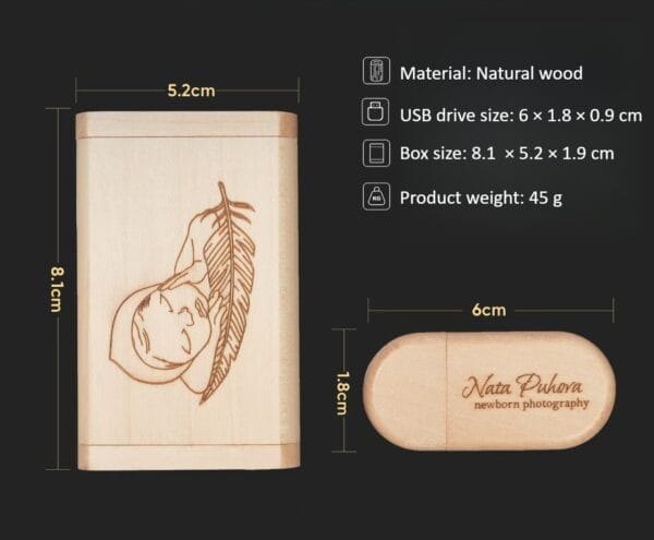 Engraved wooden box & USB drive for newborn photography. Custom wood box with personalized design.
