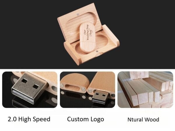 Wooden USB drive with custom logo in matching box, perfect wedding favor or personalized gift