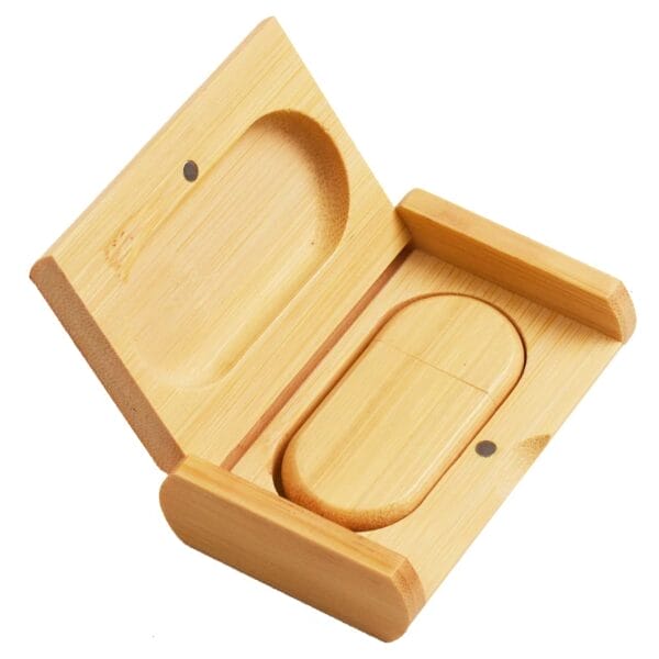 Wooden USB drive in matching bamboo box. Eco-friendly storage solution.