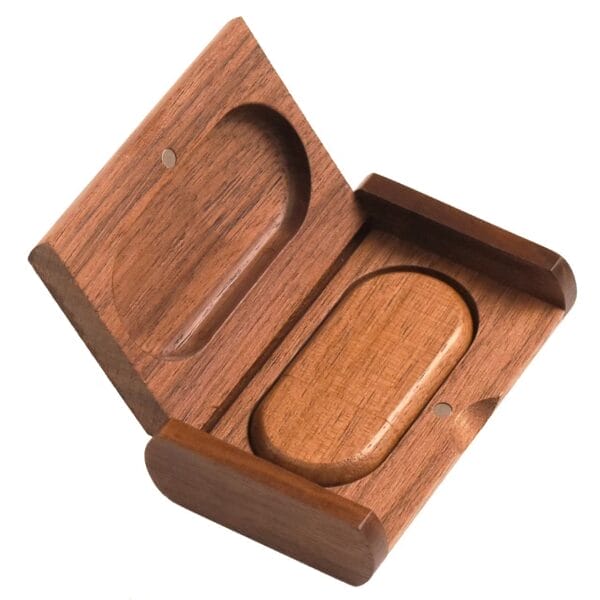 Wooden USB drive in a handcrafted wooden box, perfect for data storage and gifting