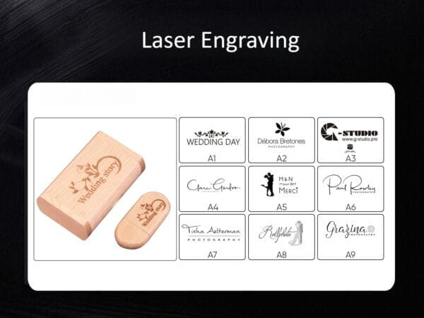 Laser engraved wooden USB drives with wedding day, photography logos for photographers.