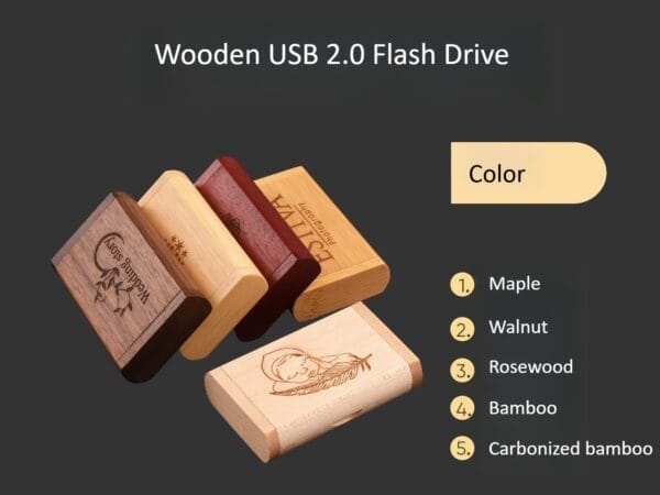 Wooden USB 2.0 flash drives in maple, walnut, rosewood, bamboo, and carbonized bamboo with custom engraving options