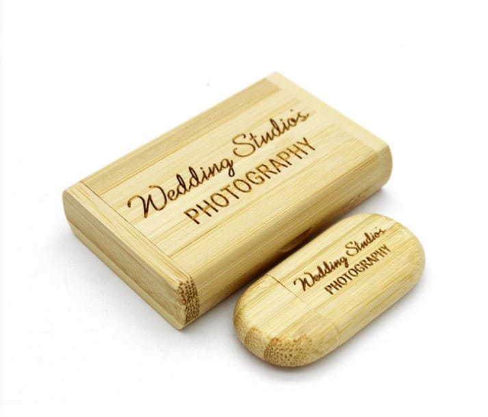 Custom Wooden USB Drive & Box: Laser-engraved for Wedding Studios PHOTOGRAPHY, 4-64GB