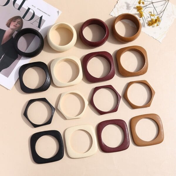 Geometric Wooden Bangles: Stackable matte finish bangles in 4 styles, 8.5-8.8 cm, black, white, burgundy, and brown.