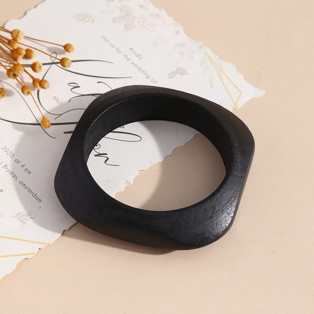 Geometric Wooden Bangle: Niche stackable black wooden bangle with matte finish, 8.5-8.8 cm.