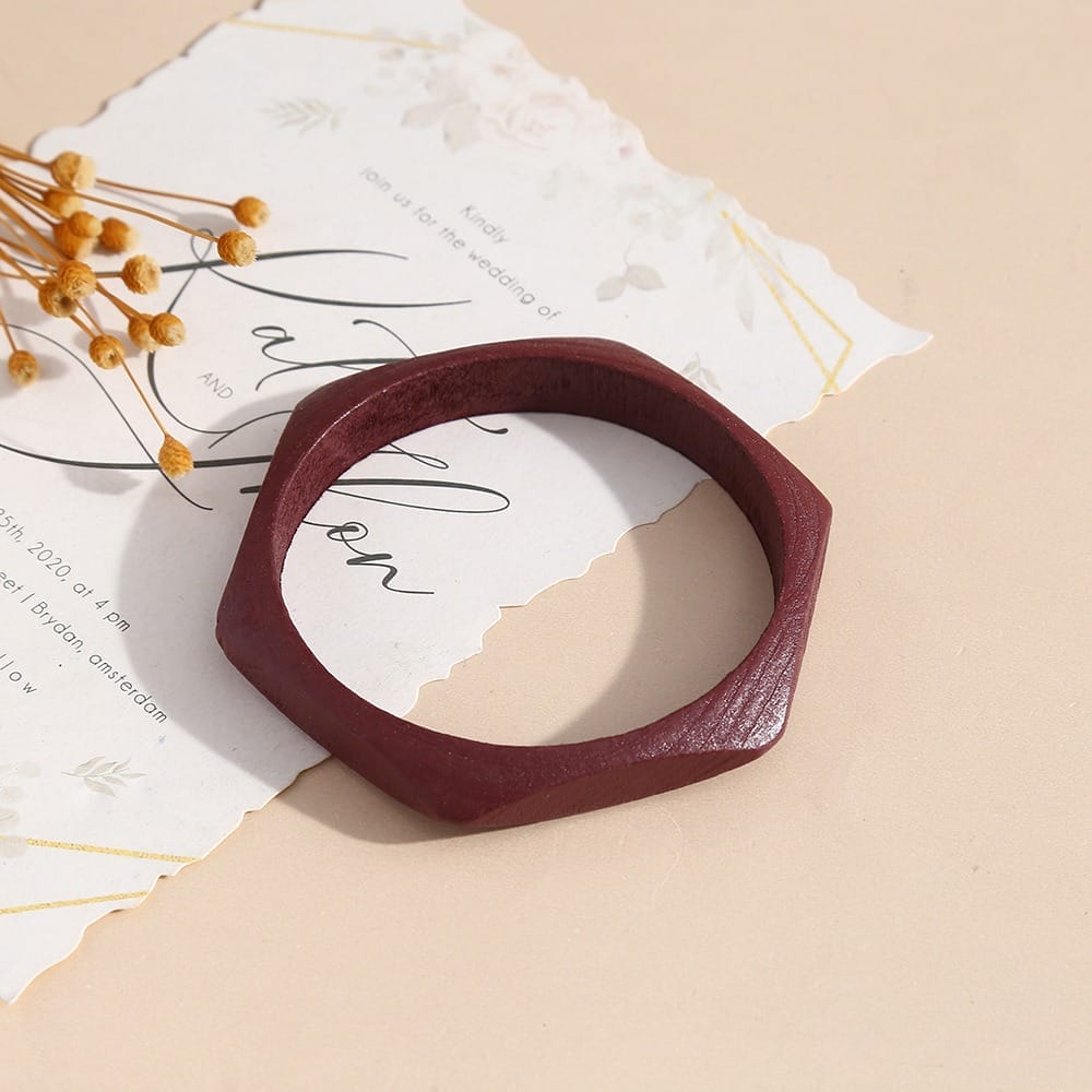 Maroon geometric wooden bangle (8.5-8.8cm) with matte finish. Stackable niche wooden bangle.