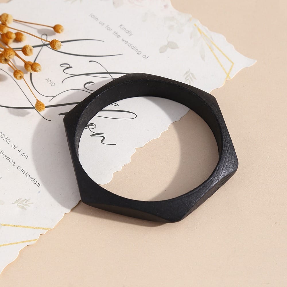 Geometric Wooden Bangle: Matte black, stackable, 8.5-8.8 cm, niche style.