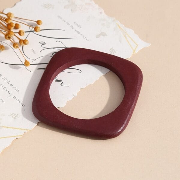 Burgundy Geometric Wooden Bangle: Niche stackable bangle with matte finish, 8.5-8.8 cm.