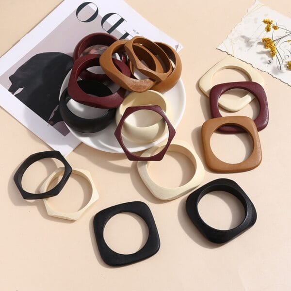 Geometric Wooden Bangles: Niche stackable bulk wooden bangles in 4 styles with matte finish, 8.5-8.8 cm.