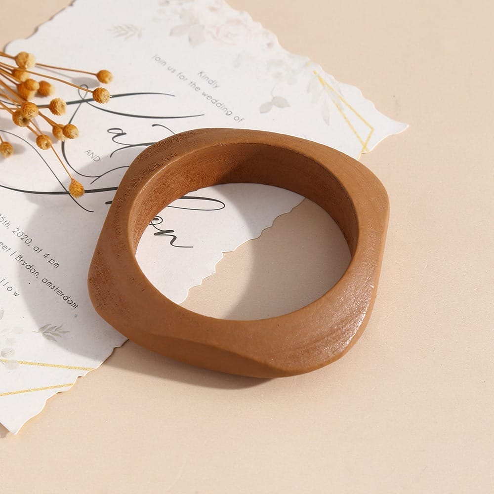 Geometric Wooden Bangle: Matte brown, square-shaped, stackable bangle. 8.5-8.8cm.