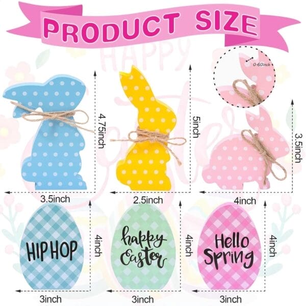 Wholesale Easter Bunny Desktop Set: Cute 6-piece wooden rabbits and eggs with dimensions shown.