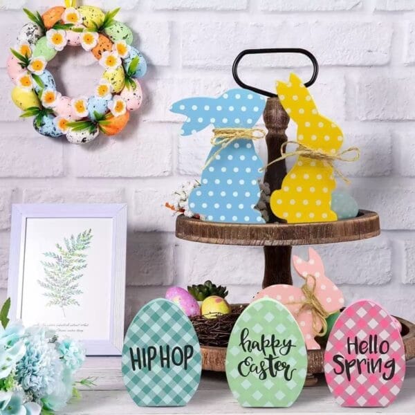 Wholesale Easter Bunny Desktop Set: Cute 6-piece wooden rabbits and Easter eggs on a tiered tray with spring decorations.