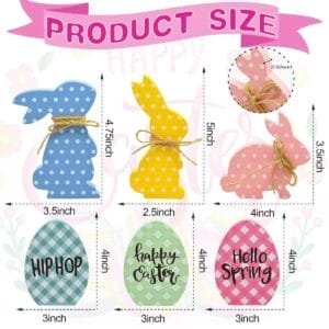 Wholesale Easter Bunny Desktop Set: Cute 6-piece wooden rabbits and eggs, dimensions shown.