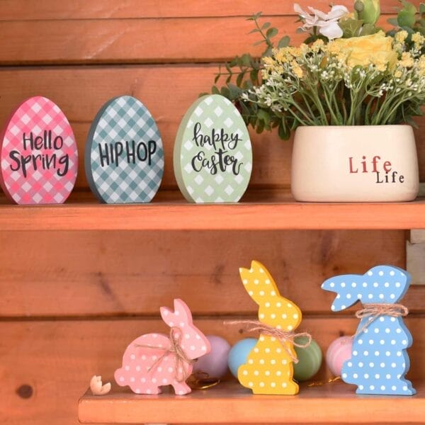 Wholesale Easter Bunny Desktop Set: Cute 6-piece wooden rabbits and Easter egg decorations on a shelf.
