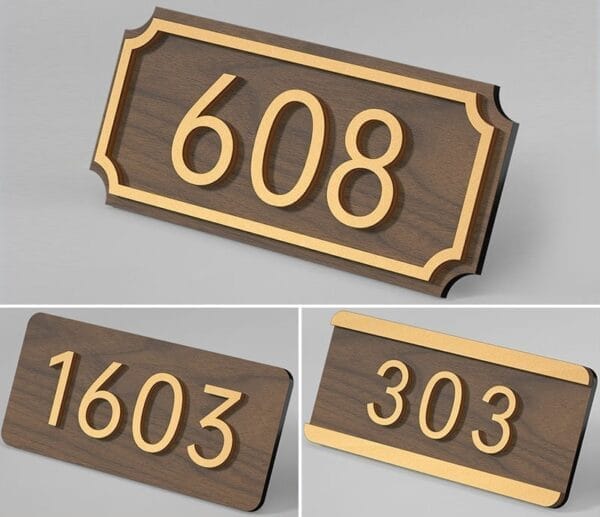 Wooden house number signs: 11"x11.6" personalized plaques with gold numbers 608, 1603, and 303.