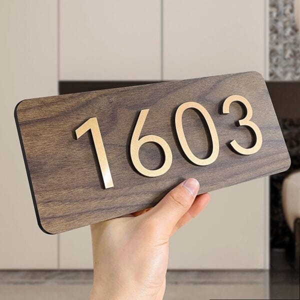 11" Wooden House Number Sign: "1603" in gold, personalized, 0.5cm thick