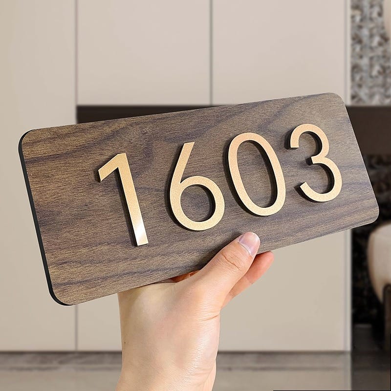 11" Wooden House Number Sign: "1603" in gold, personalized, 0.5cm thick