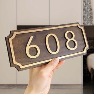 Wooden house number sign "608". 11x11.6 inch, 0.5cm thick personalised house number.