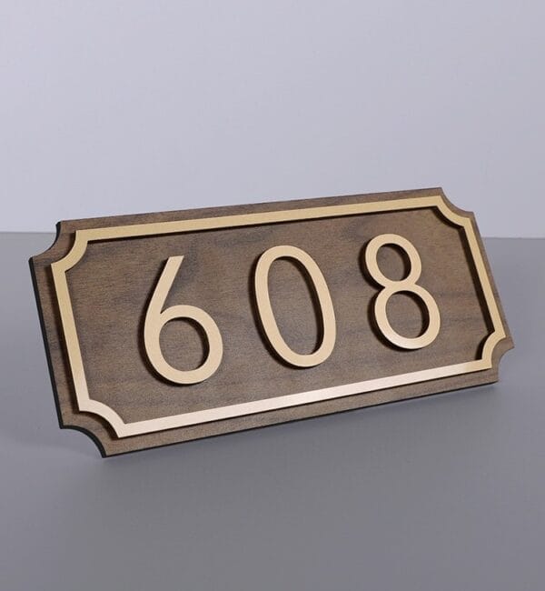 Personalized wooden house number sign, 608. Elegant 11" x 11.6" address plaque, 0.5cm thick.