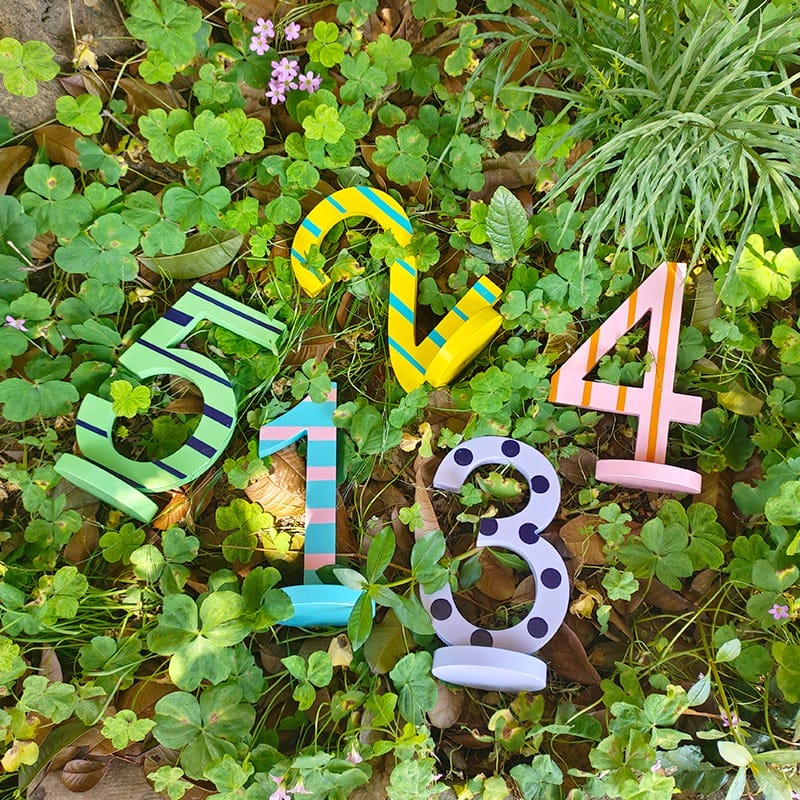 Colorful wooden numbers 5, 2, 4, 1, 3 scattered in a field of green clover and grass.