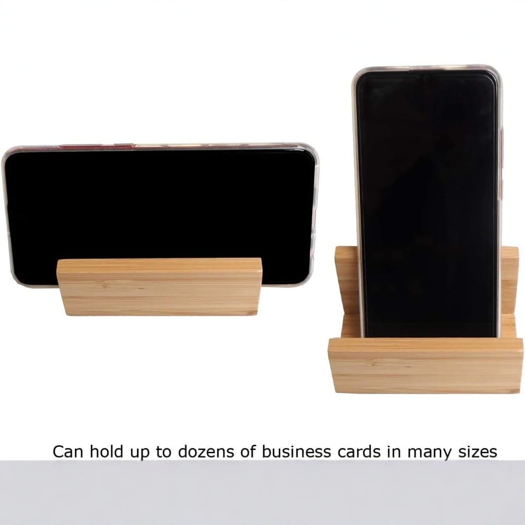 Custom Wood Business Card Holder: Solid wooden desktop stand holding phone in portrait and landscape orientation.