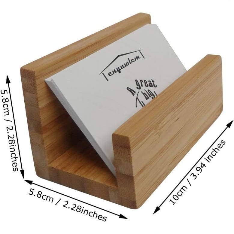Custom Wood Business Card Holder: Solid wooden desktop card stand for offices holding business cards.