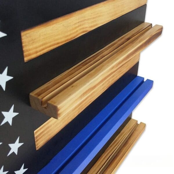 American flag challenge coin display rack. Wooden wall-mounted coin holder.
