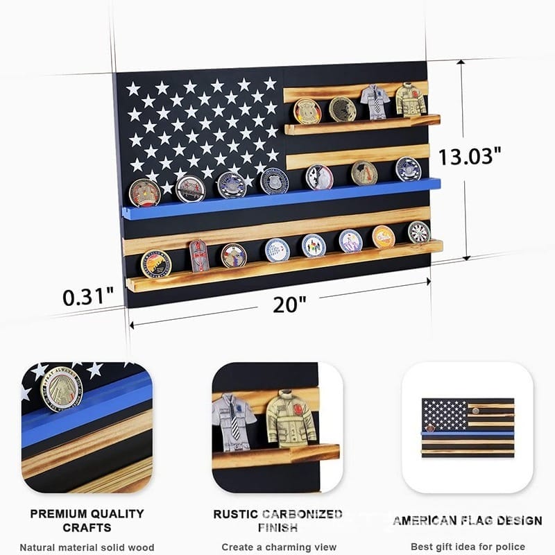 Wooden American flag with thin blue line displaying challenge coins.