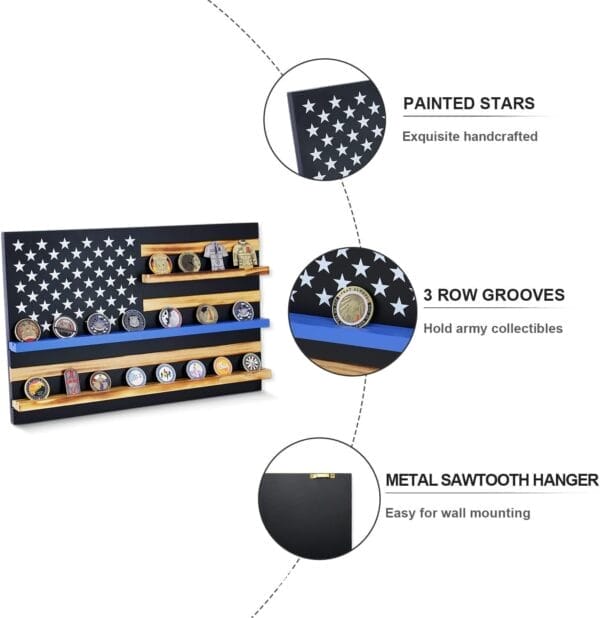 American flag challenge coin display rack: wooden, 3-row grooves, painted stars, wall-mountable.