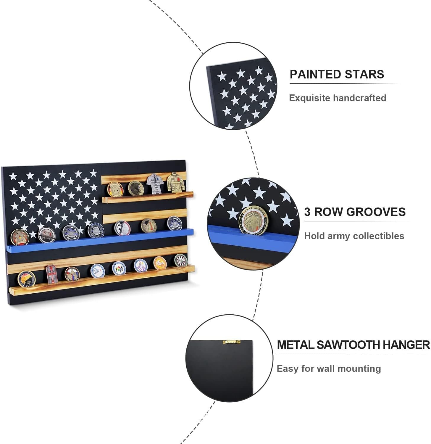 American flag challenge coin display rack: wooden, 3-row grooves, painted stars, wall-mountable.
