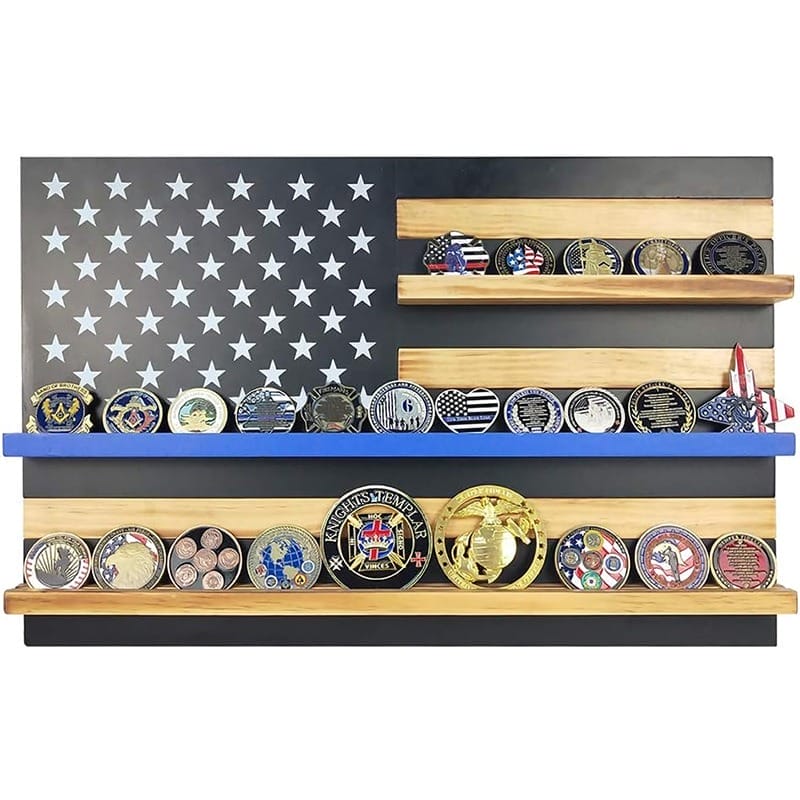 American flag challenge coin display with blue line for military, police, and first responder coins.