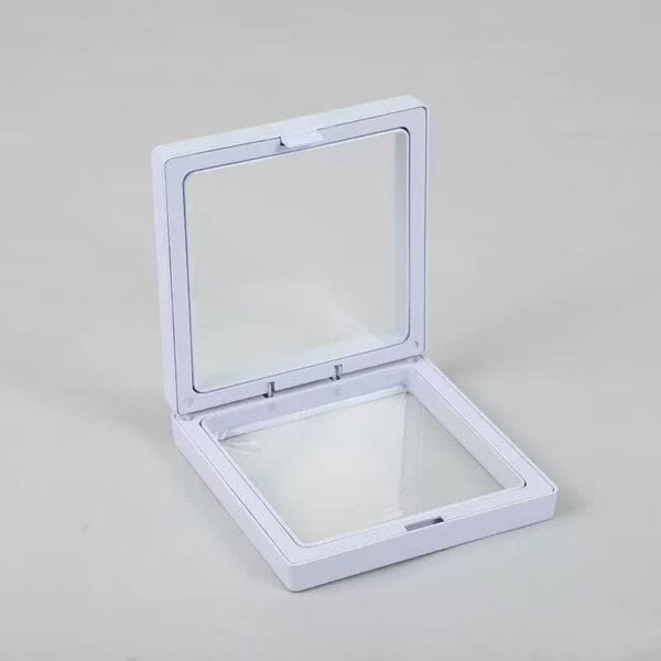 White square floating frame display case, open.