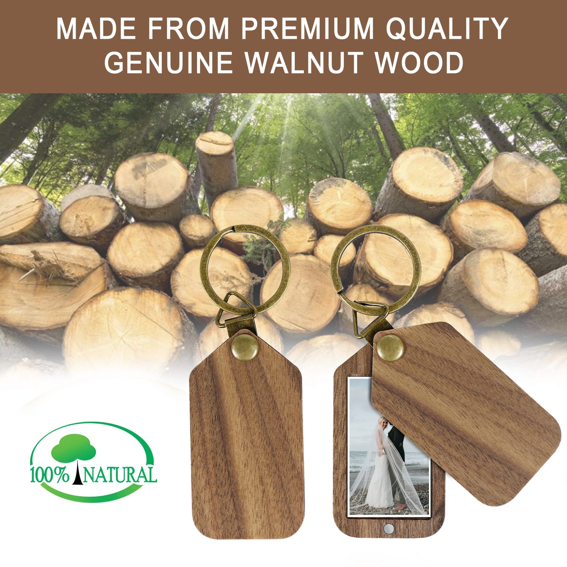 Customized Wooden Keychain with Photo: Romantic gift for couples made from genuine walnut wood.