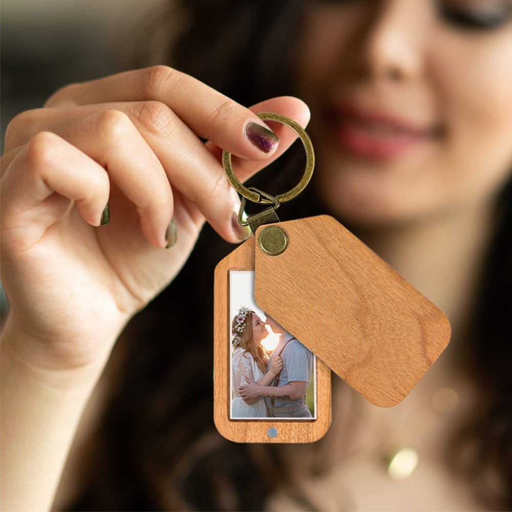 Customized Wooden Keychain with Photo – Romantic Gift for Couples. Personalized wood keychain gift.