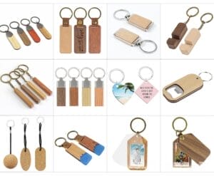 Customized Wooden Keychain with Photo: Assorted wooden keychains, romantic gifts for couples, various shapes and designs.