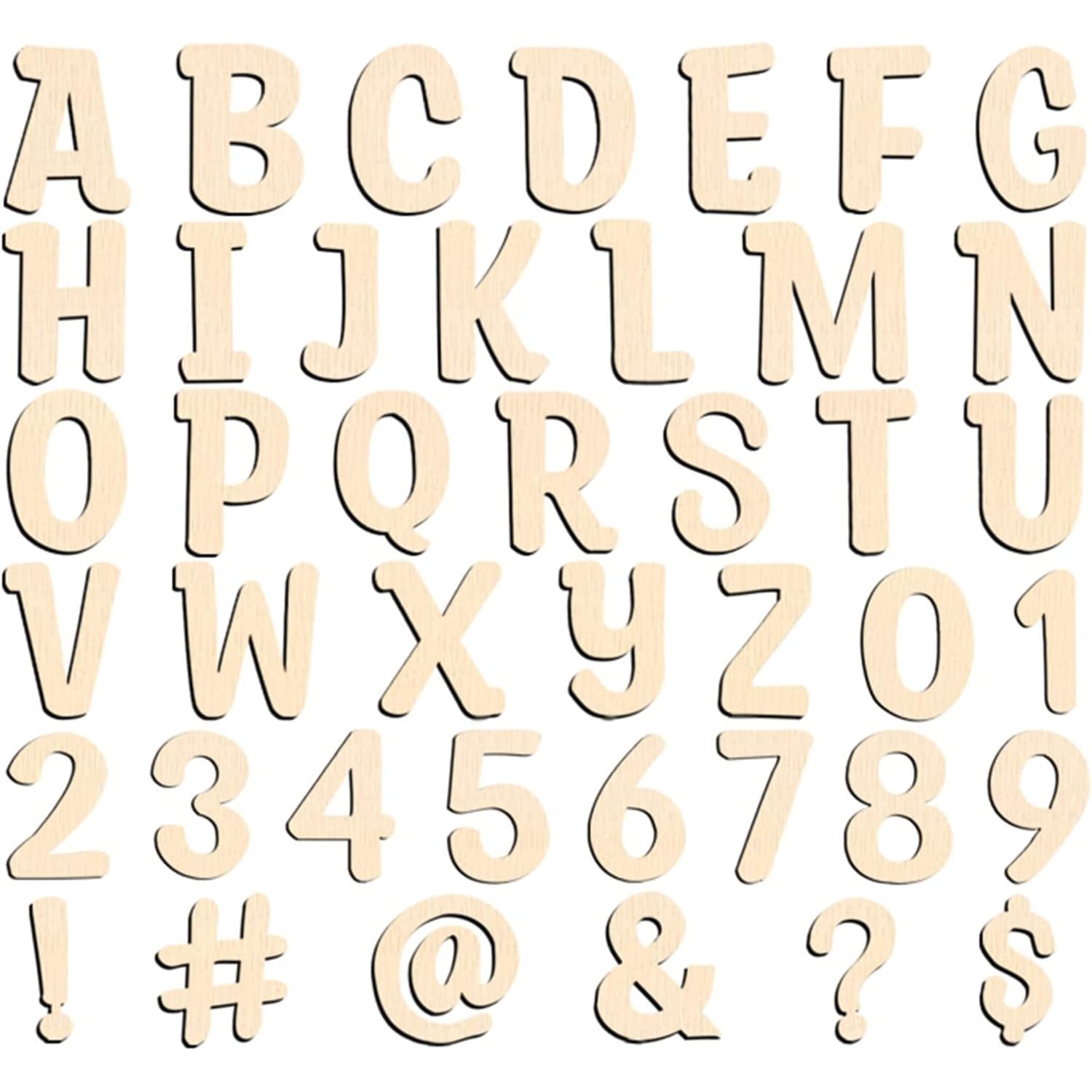 Wooden alphabet letters, numbers, and symbols for crafts and educational activities