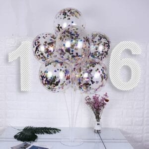 Confetti balloons centerpiece with numbers "1" and "6" for party decoration.