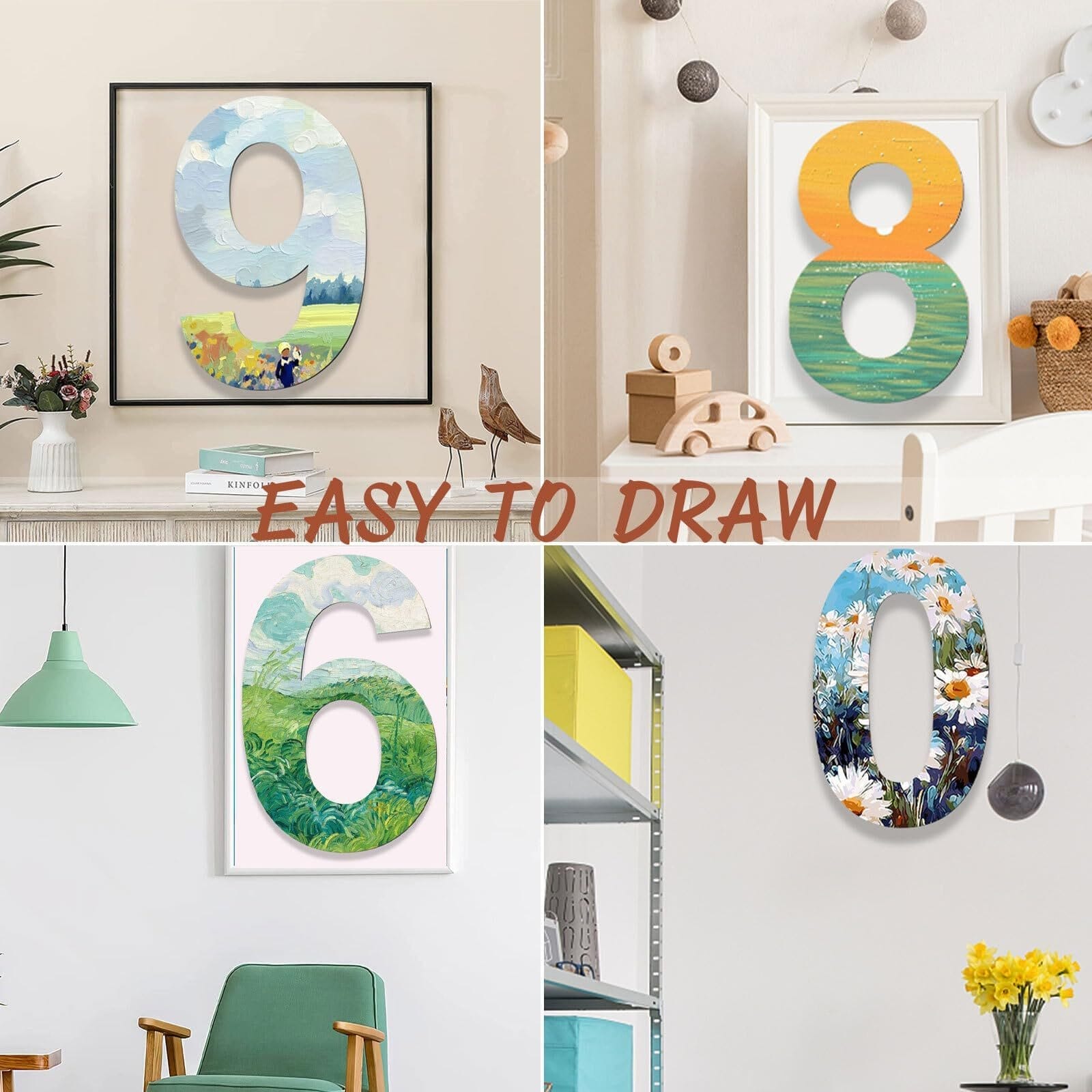 Numbers 9, 8, 6, 0 painted with landscape scenes; "Easy to Draw" text overlay.