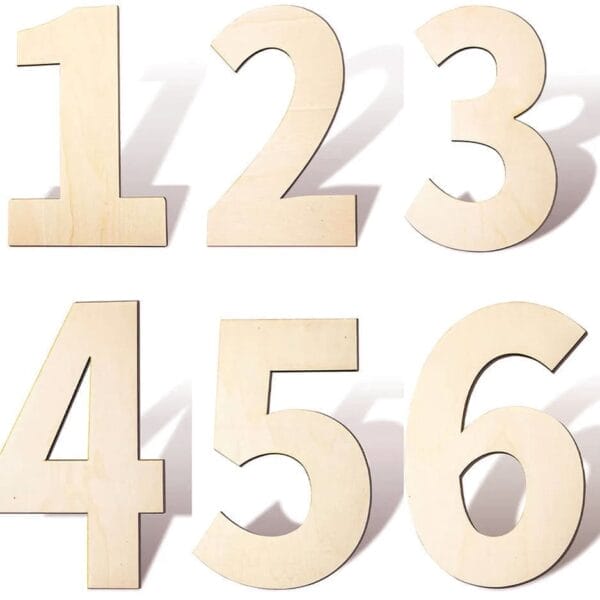 Wooden numbers: 1, 2, 3, 4, 5, and 6. Unfinished wood craft numbers.