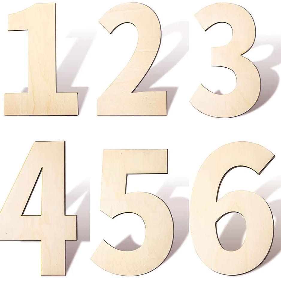 Wooden numbers: 1, 2, 3, 4, 5, and 6. Unfinished wood craft numbers.