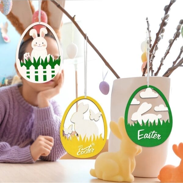 Personalized Easter Eggs Ornaments: Wooden party hanging decorations with bunny and Easter designs.
