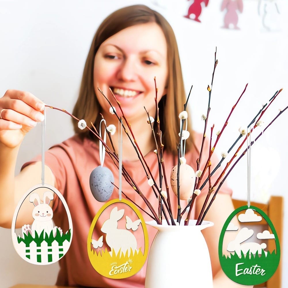 Personalized Easter Eggs Ornaments: Wooden party hanging decorations with bunny and Easter designs on branches