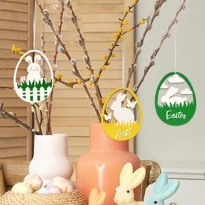 Personalized Easter Eggs Ornaments: Wooden party hanging decorations with bunny and Easter designs.