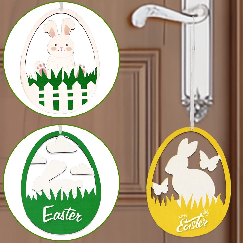 Personalized Easter Eggs Ornaments: Wooden hanging decorations for Easter party.