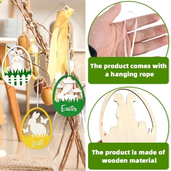 Personalized Easter Eggs Ornaments: Wooden hanging decorations with bunny and Easter designs.