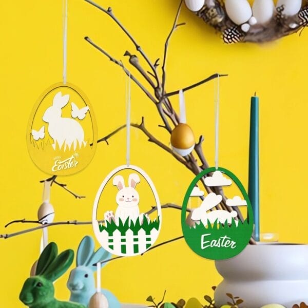 Personalized Easter Eggs Ornaments: Wooden party hanging decorations with bunny and cutout designs.