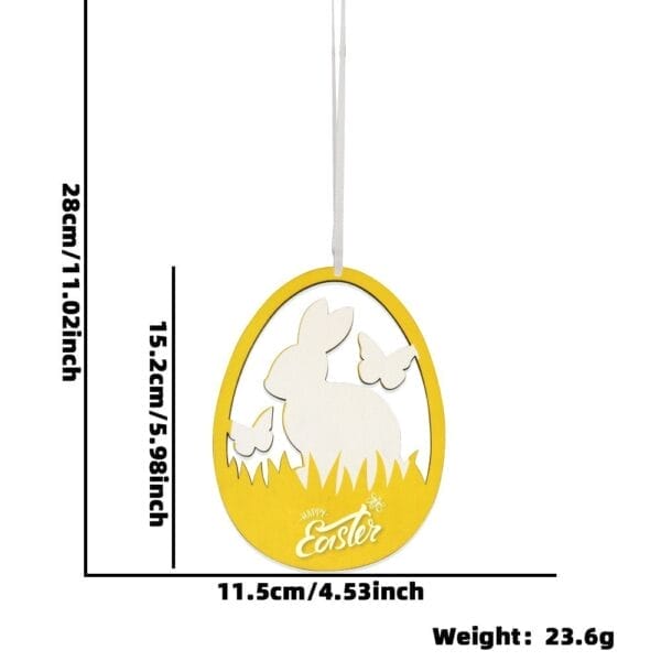 Personalized Easter Eggs Ornament: Yellow wooden hanging decoration with bunny and butterfly cutouts for Easter party